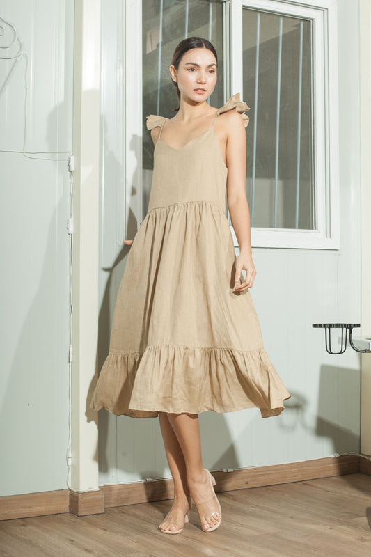 Adjustable Scallop Shoulder Detail Shirred Dress — Tan
