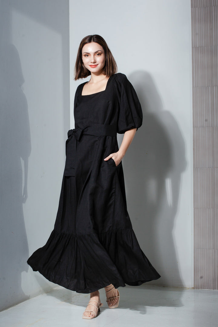 Back Zip Puff Sleeve Dress in Black Linen