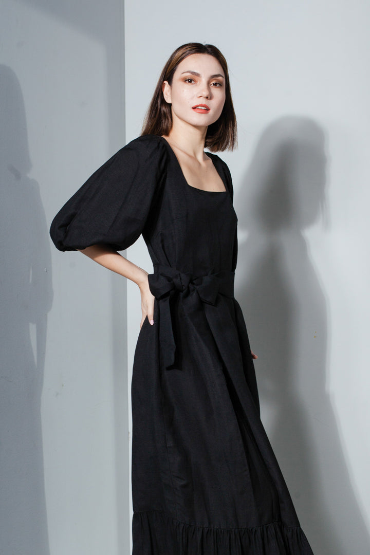 Back Zip Puff Sleeve Dress in Black Linen