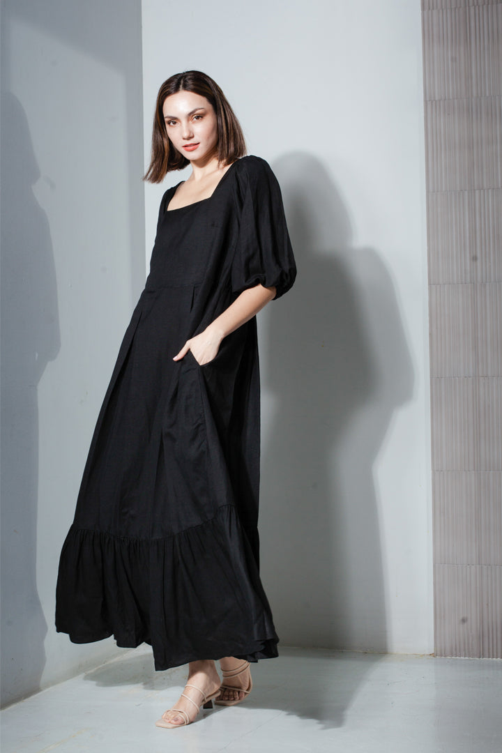 Back Zip Puff Sleeve Dress in Black Linen