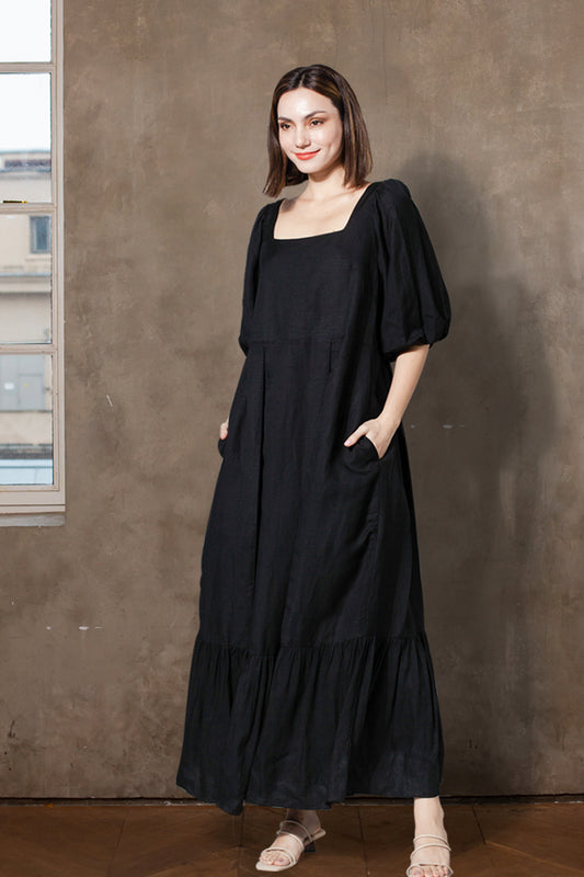 Back Zip Puff Sleeve Dress in Black Linen