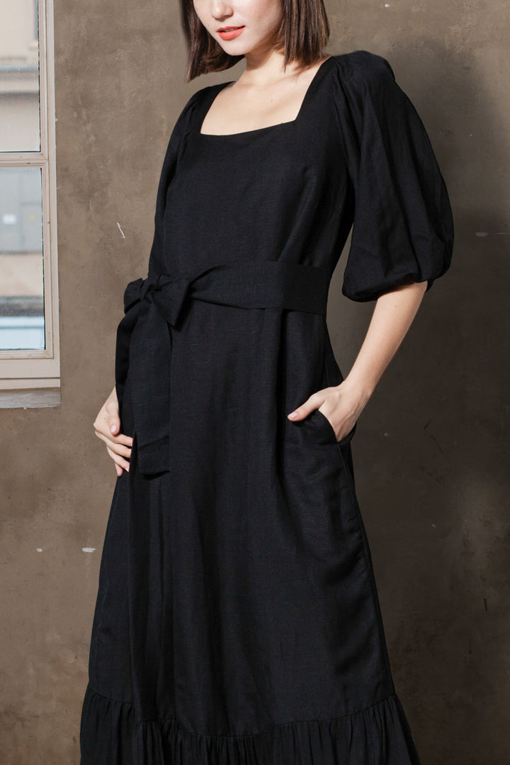 Back Zip Puff Sleeve Dress in Black Linen