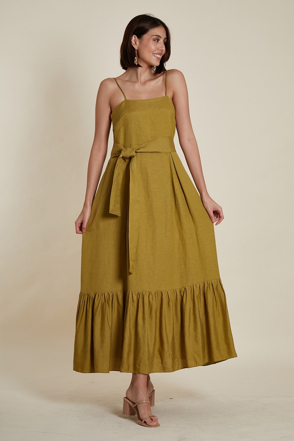 Slip On Dress in Olive Linen