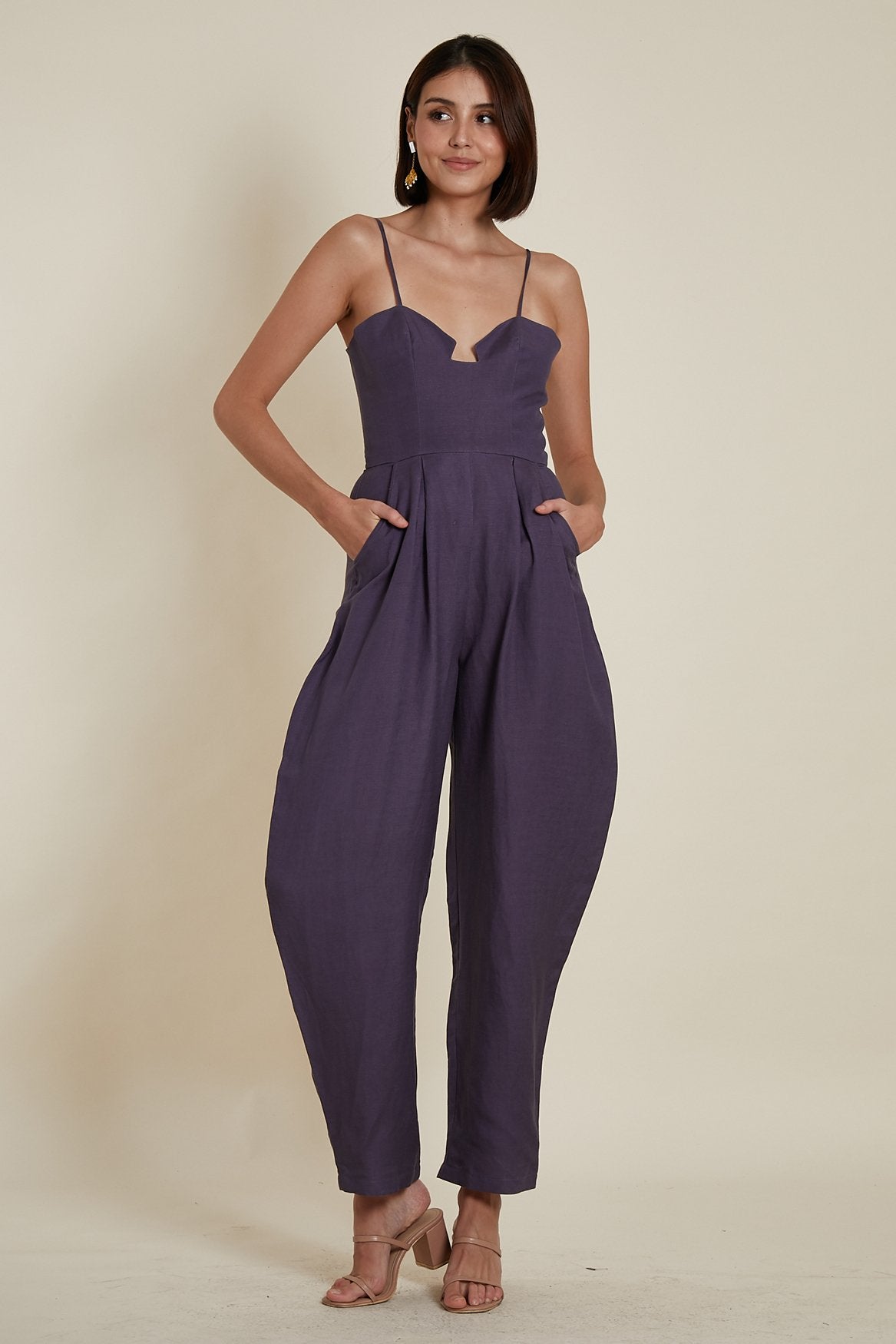 Sweetheart Baggy Jumpsuit in Deep Purple Linen