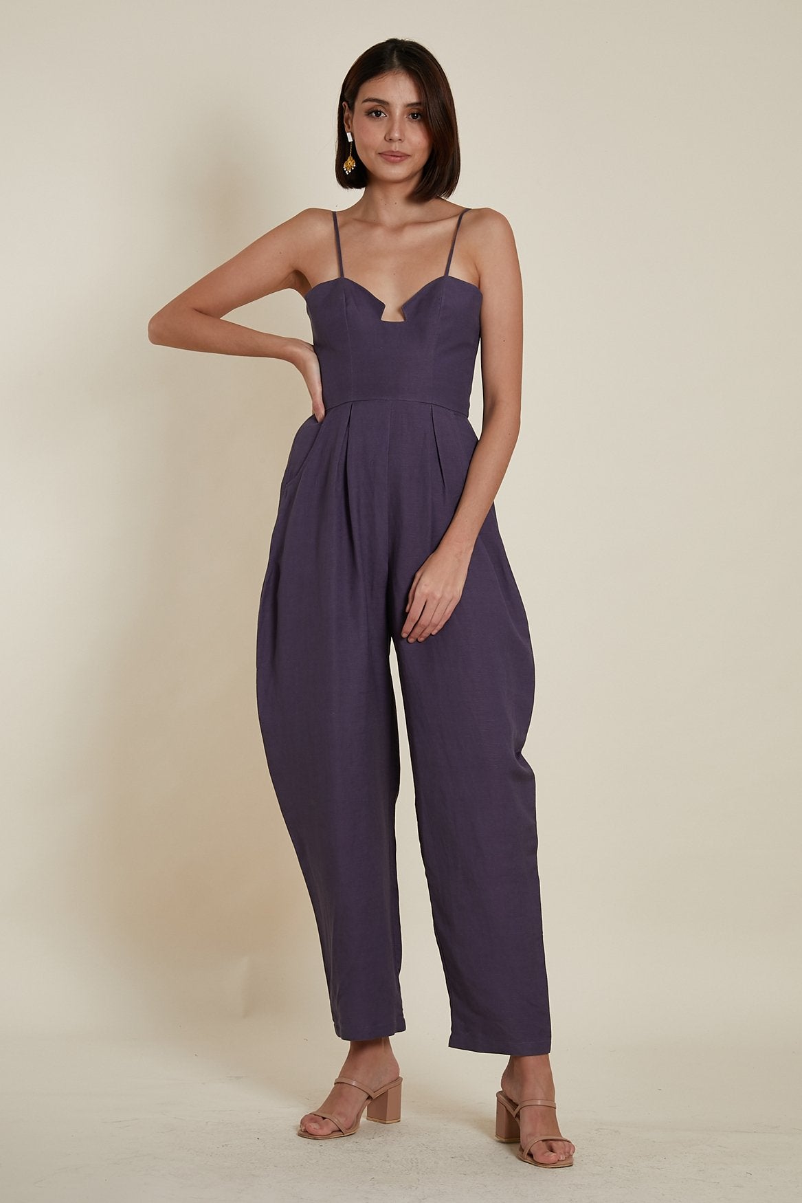 Sweetheart Baggy Jumpsuit in Deep Purple Linen