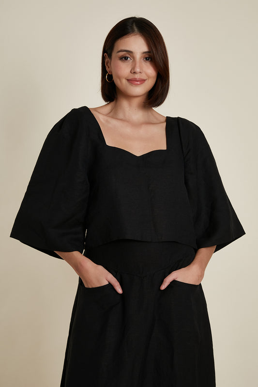 Low Back Crop Top in Black Linen