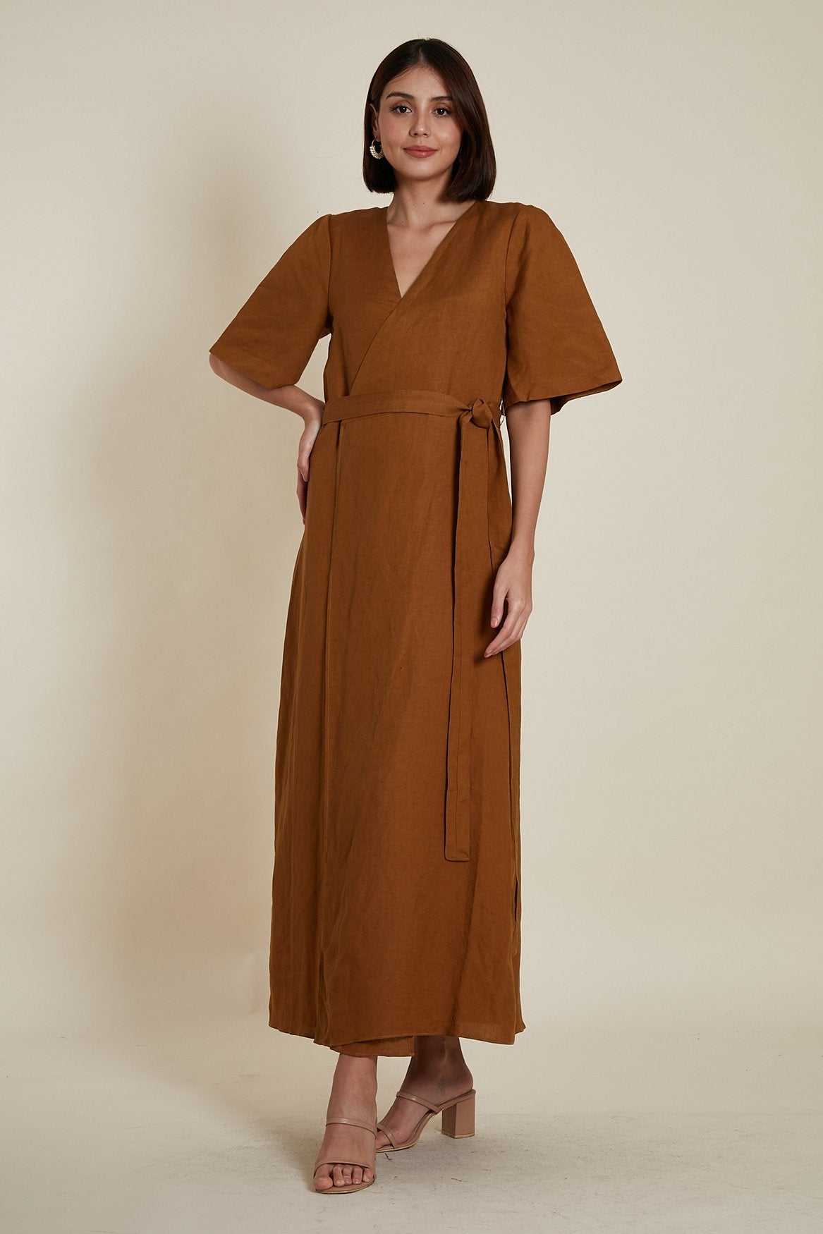 Wrap A-line Dress in Brown Linen