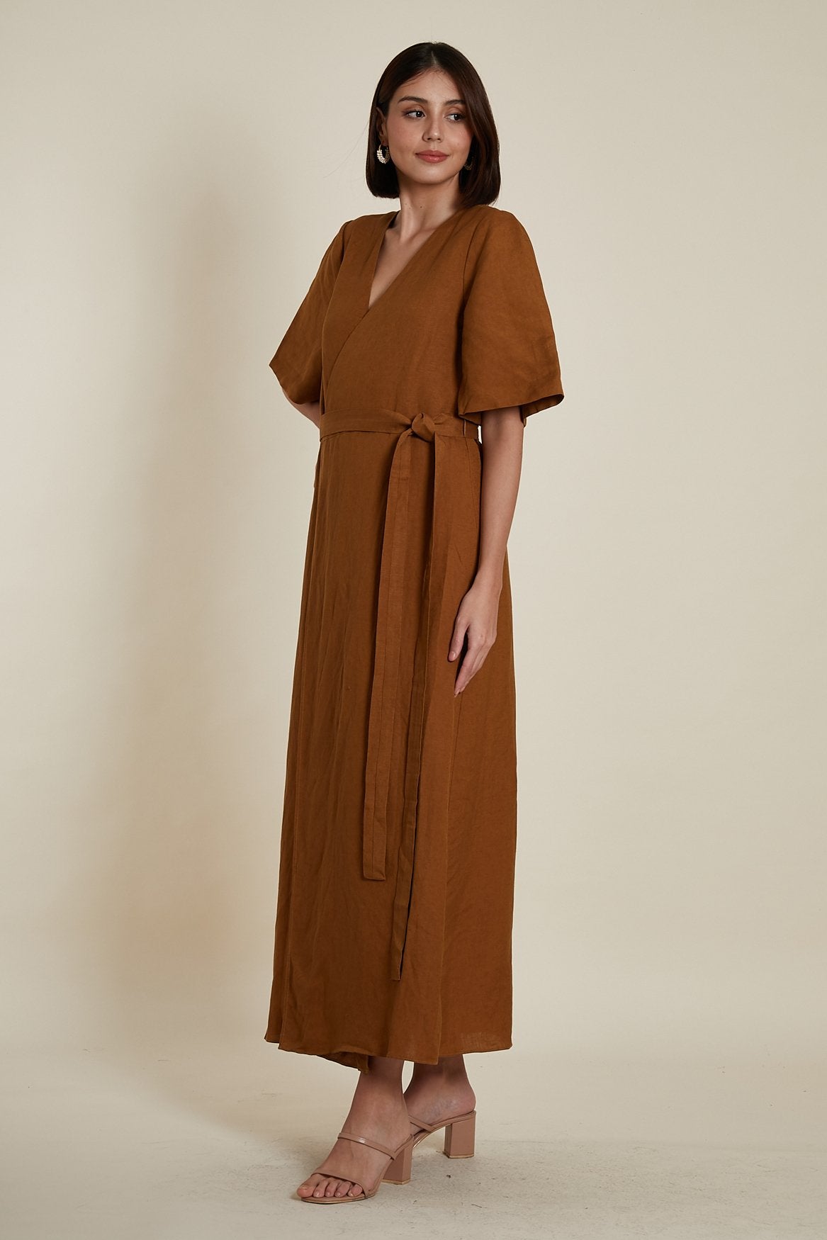 Wrap A-line Dress in Brown Linen