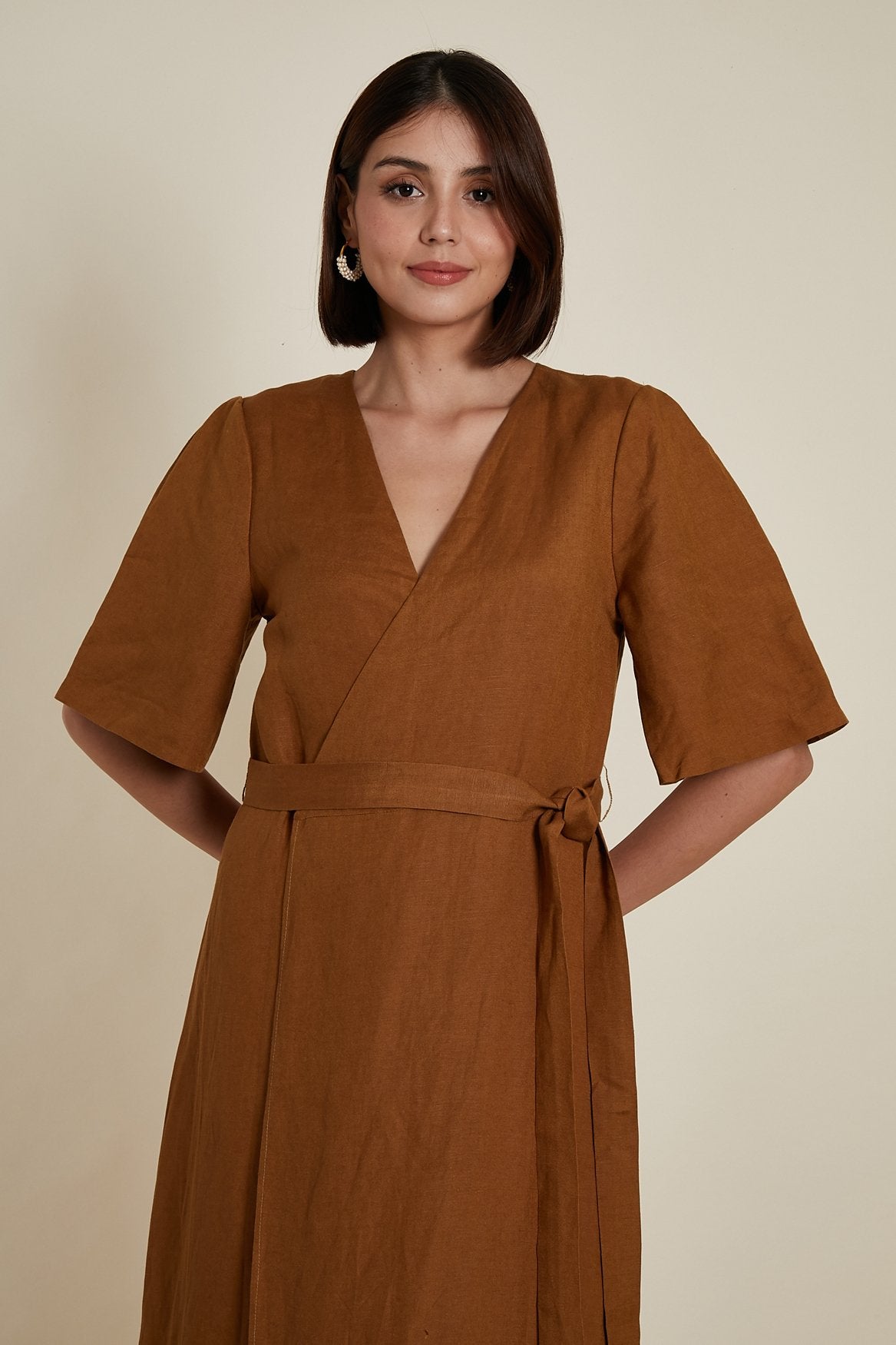 Wrap A-line Dress in Brown Linen