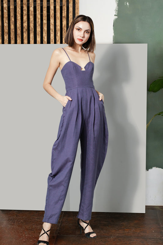 Sweetheart Baggy Jumpsuit in Deep Purple Linen