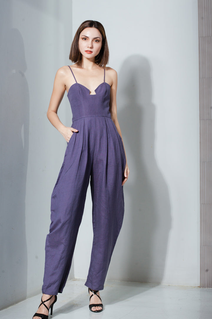 Sweetheart Baggy Jumpsuit in Deep Purple Linen