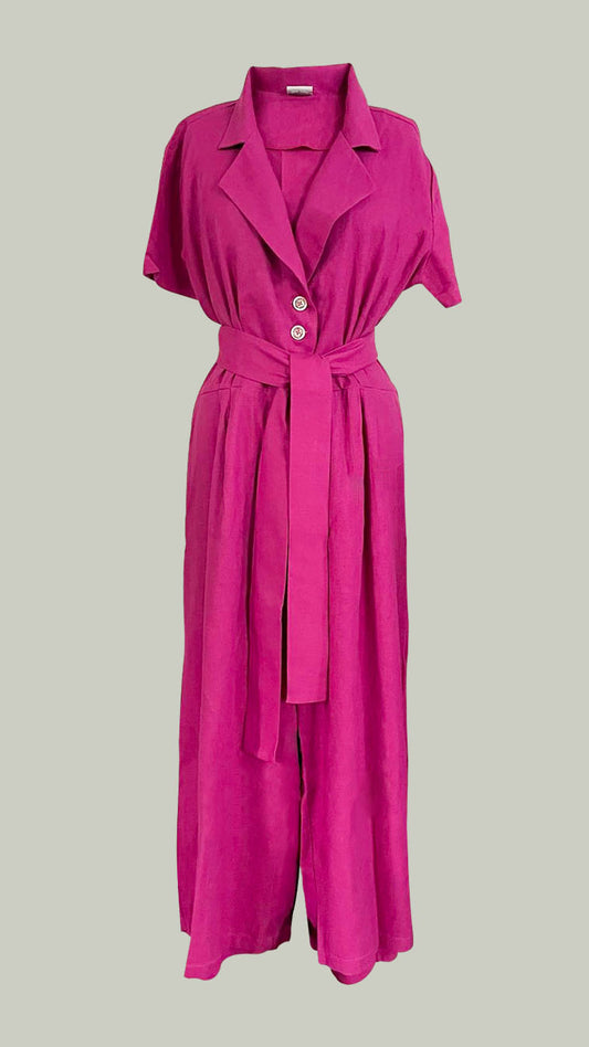 Four Button Lapel Wide Hem Jumpsuit — Magenta