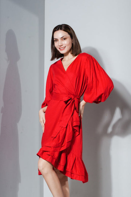 Pleated Hem with Mushroom Sleeve Wrap Dress