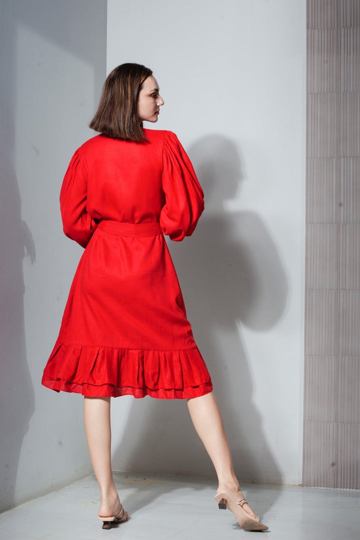 Pleated Hem with Mushroom Sleeve Wrap Dress