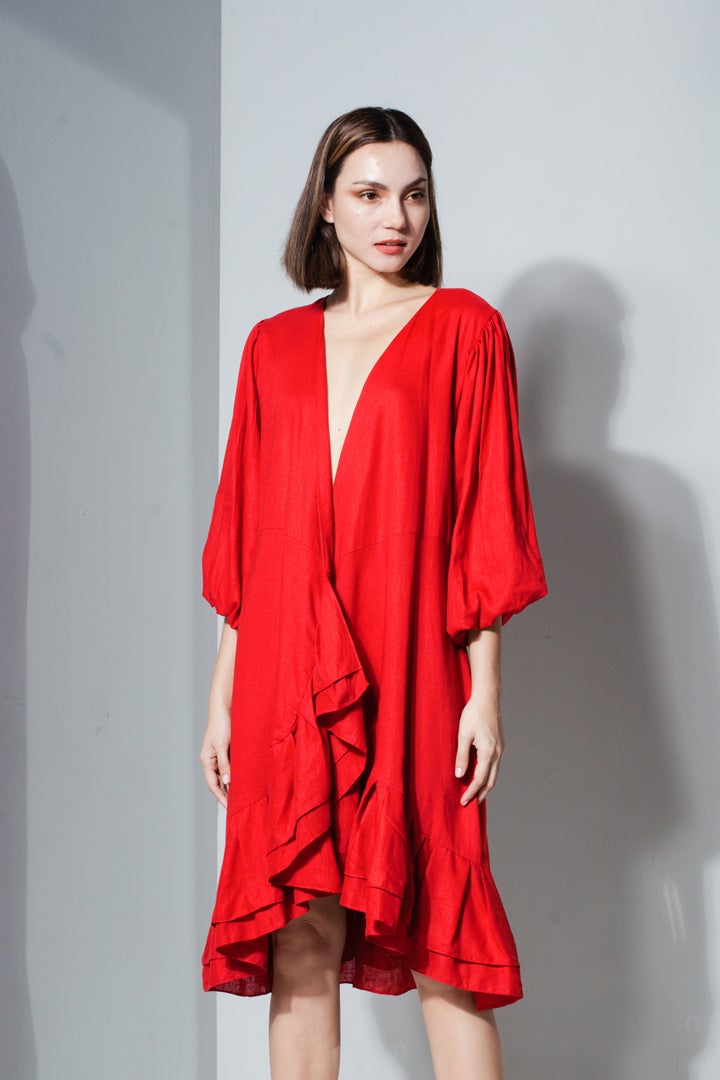 Pleated Hem with Mushroom Sleeve Wrap Dress