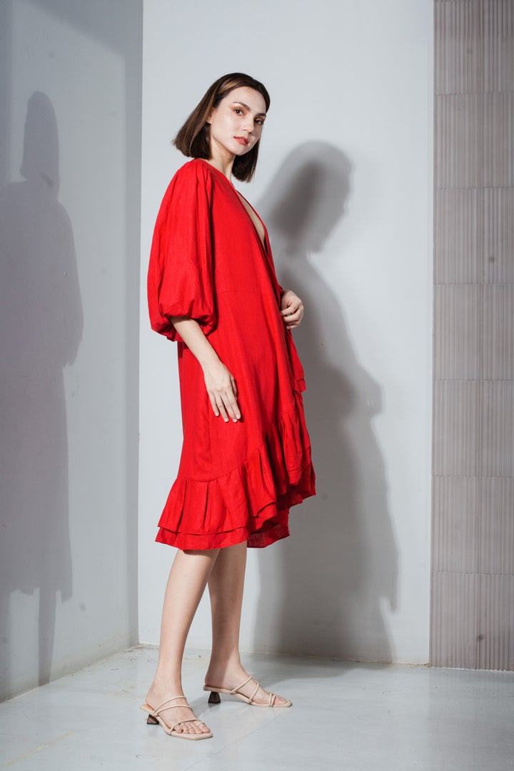 Pleated Hem with Mushroom Sleeve Wrap Dress