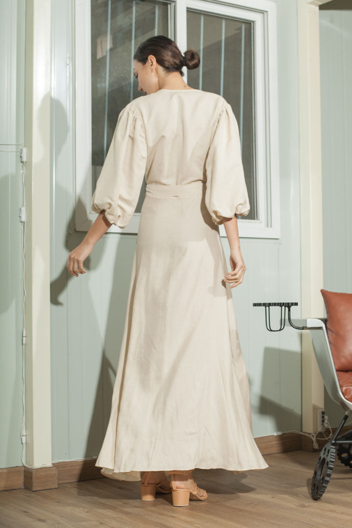 3/4 Mushroom Sleeve Wrap Long Dress — Beige