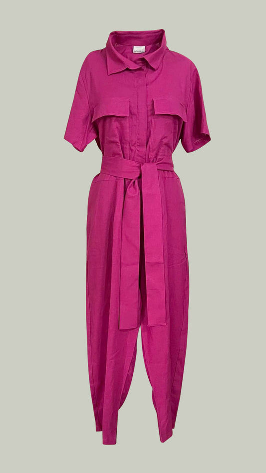 Oversized Short Sleeve Baggy Jumpsuit — Magenta