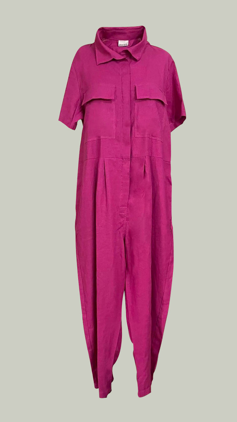 Oversized Short Sleeve Baggy Jumpsuit — Magenta