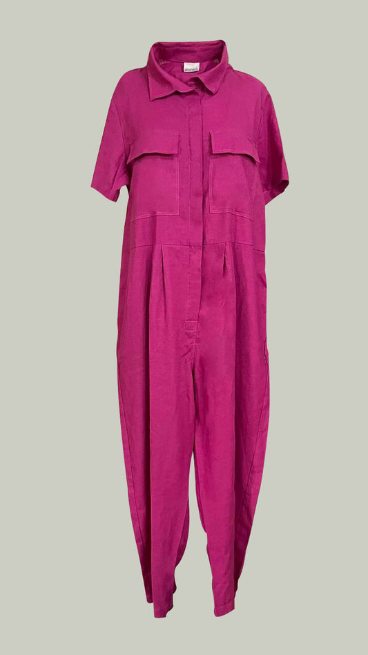 Oversized Short Sleeve Baggy Jumpsuit — Magenta