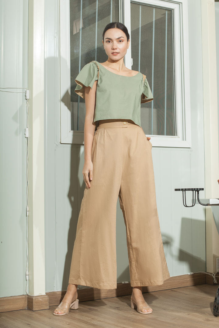 Single Button Flat Front Waistband Back Elastic Wide Hem Pants — Khaki