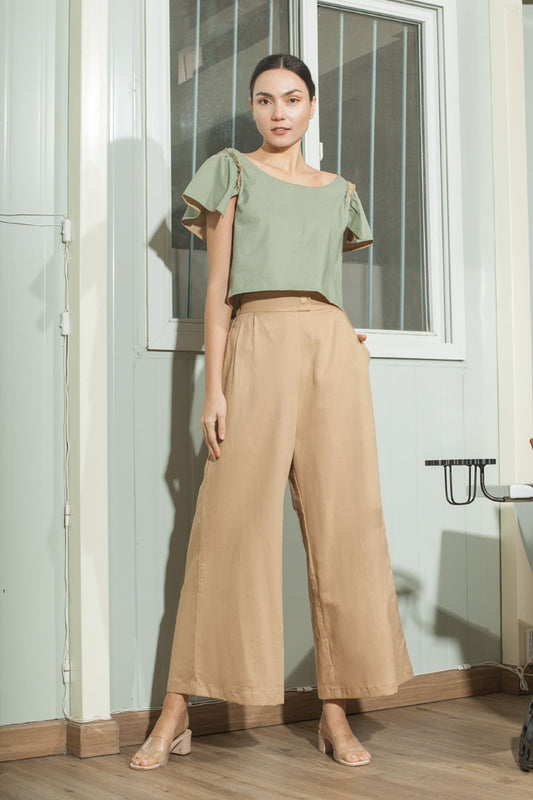 Single Button Flat Front Waistband Back Elastic Wide Hem Pants — Khaki