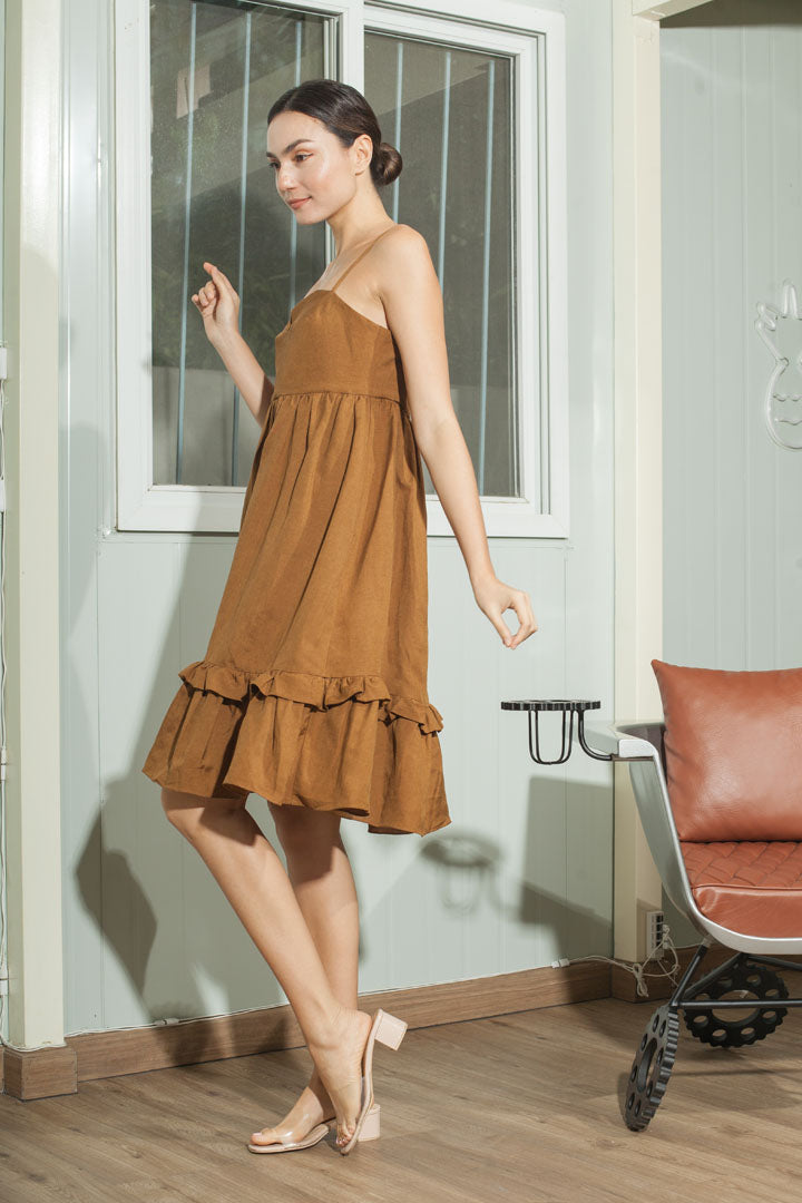 Sweetheart V Cutout Detail Shirred Dress — Brown