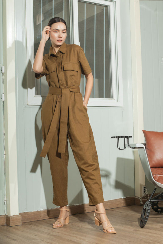 Oversized Short Sleeve Baggy Jumpsuit — Olive Brown