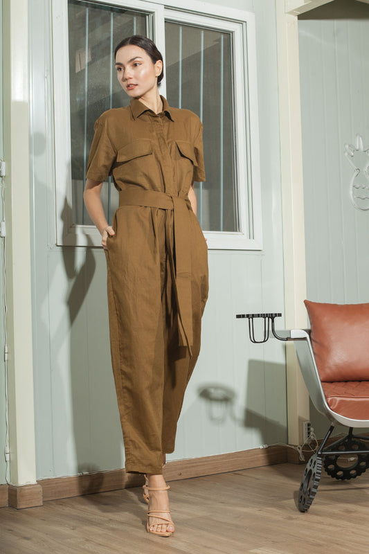 Oversized Short Sleeve Baggy Jumpsuit — Olive Brown