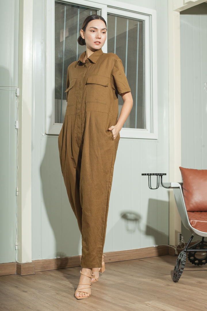 Oversized Short Sleeve Baggy Jumpsuit — Olive Brown