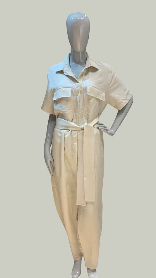 Oversized Short Sleeve Baggy Jumpsuit - Beige