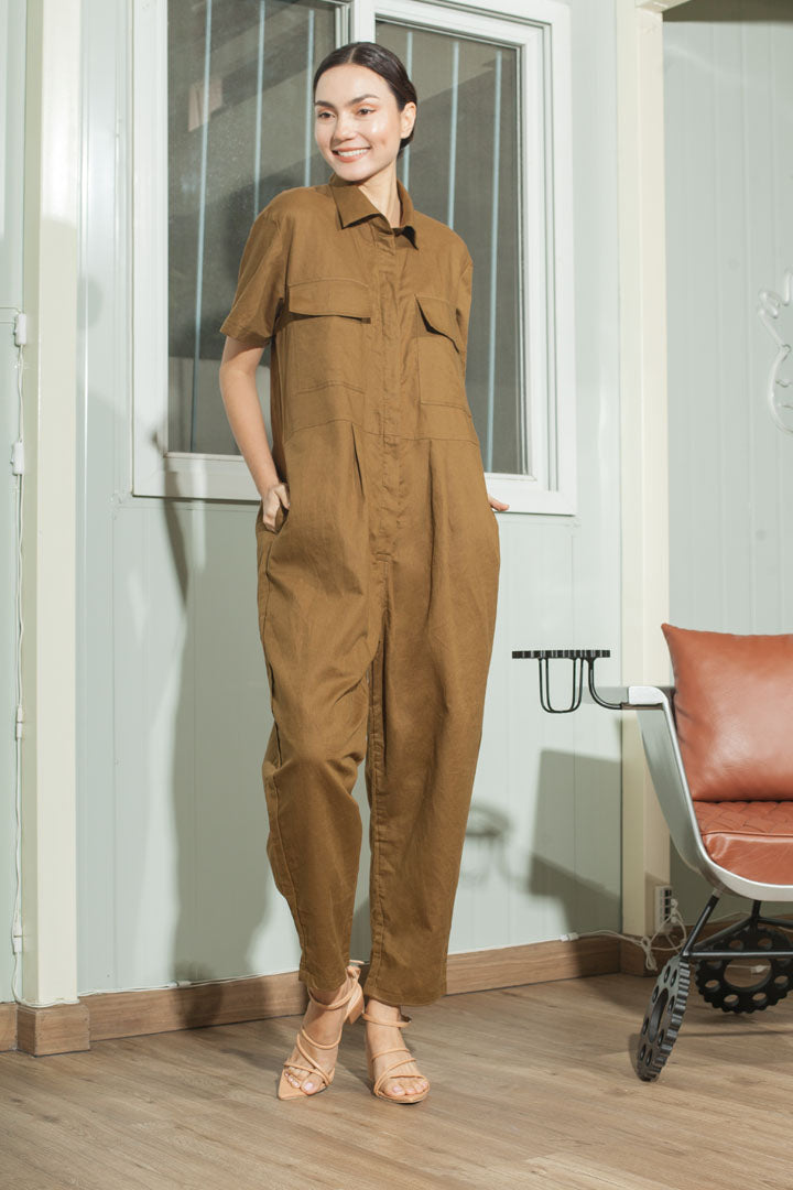 Oversized Short Sleeve Baggy Jumpsuit — Olive Brown