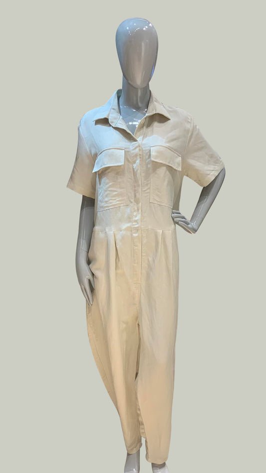 Oversized Short Sleeve Baggy Jumpsuit - Beige