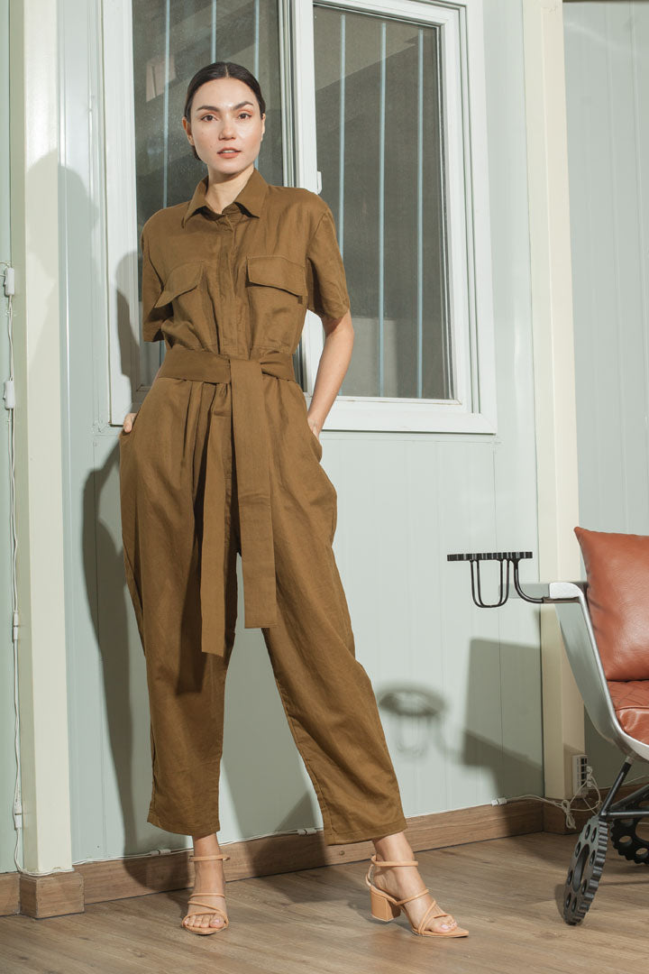 Oversized Short Sleeve Baggy Jumpsuit — Olive Brown