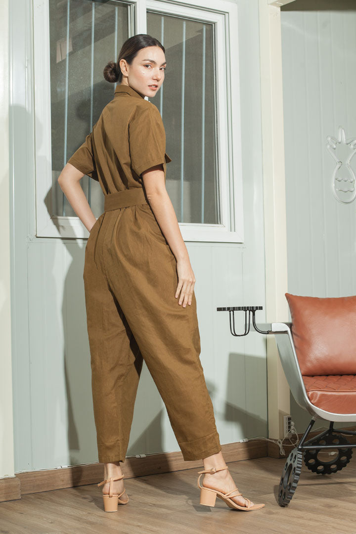 Oversized Short Sleeve Baggy Jumpsuit — Olive Brown