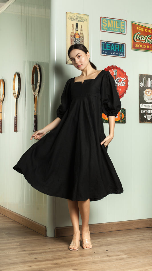 Sweetheart V Cutout Puff Sleeve Midi Dress