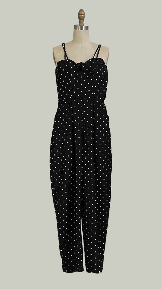 Sweetheart V-Cutout Baggy Jumpsuit  — Polka Silk Black