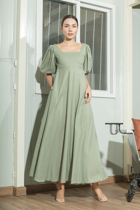 Tuck Front Detail Puff Sleeve Balloon Dress — Sage