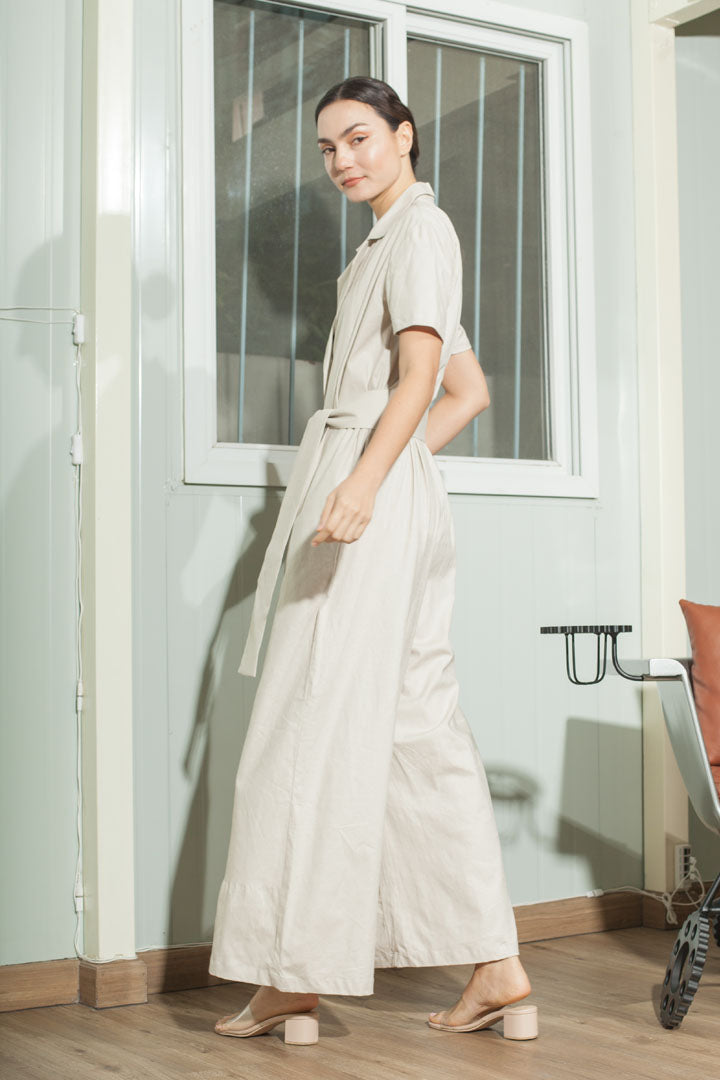 Four Button Lapel Wide Hem Jumpsuit — Chanterelle Beige