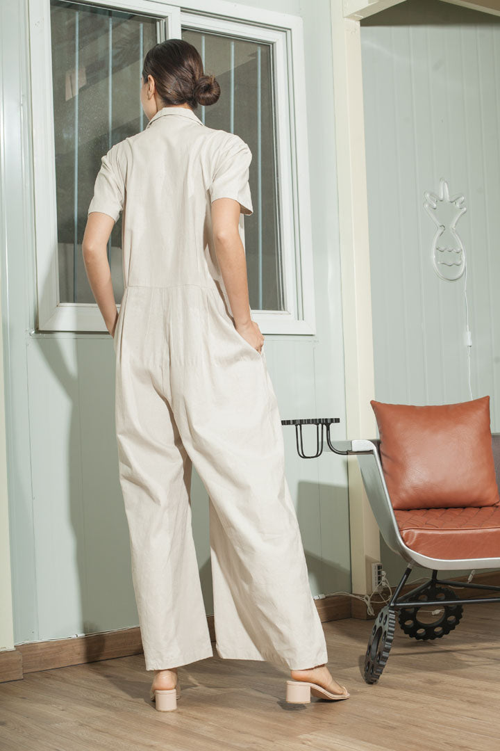 Four Button Lapel Wide Hem Jumpsuit — Chanterelle Beige