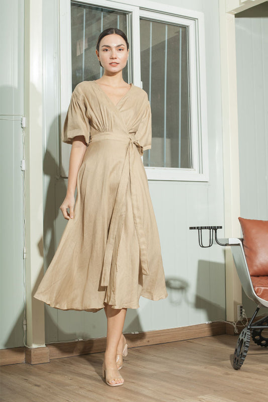 Short Mushroom Sleeve Wrap Midi Dress — Tan