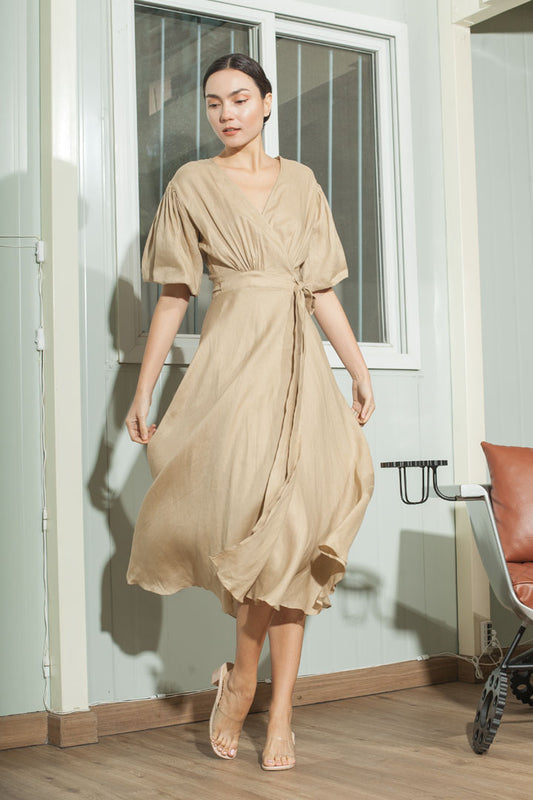 Short Mushroom Sleeve Wrap Midi Dress — Tan
