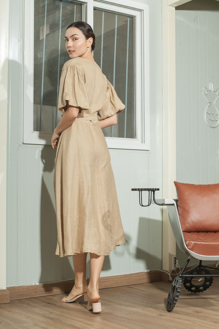 Short Mushroom Sleeve Wrap Midi Dress — Tan